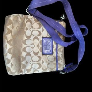 Coach Tan and Purple Crossbody Bag with Signature Pattern